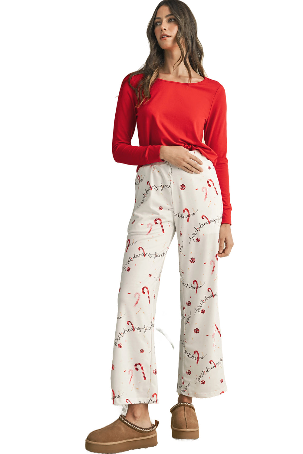 Red Solid Top and Christmas Print Pants Pajama Set