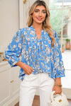 Sky Blue Vintage Floral Print V-Neck Bubble Sleeve Blouse