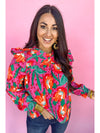 Rose Floral Print Pleated Ruffled O Neck Plus Size Blouse