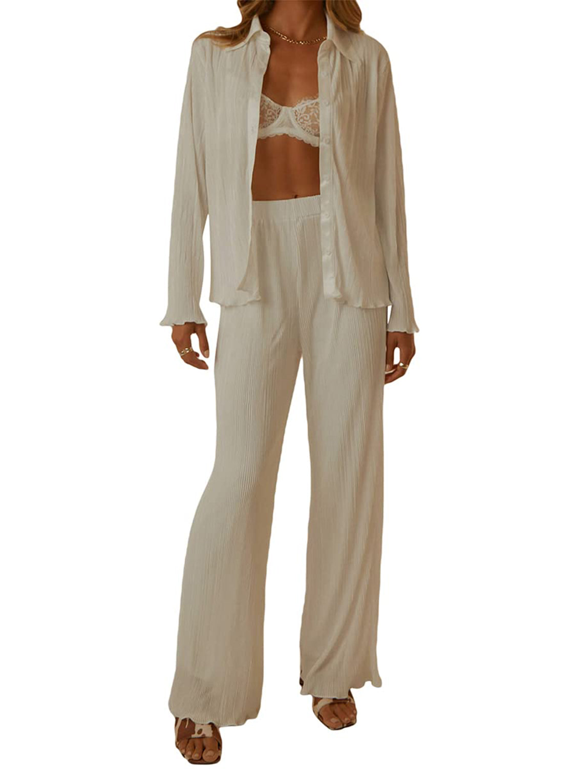  Collared Neck Long Sleeve Top and Pants Lounge Set.