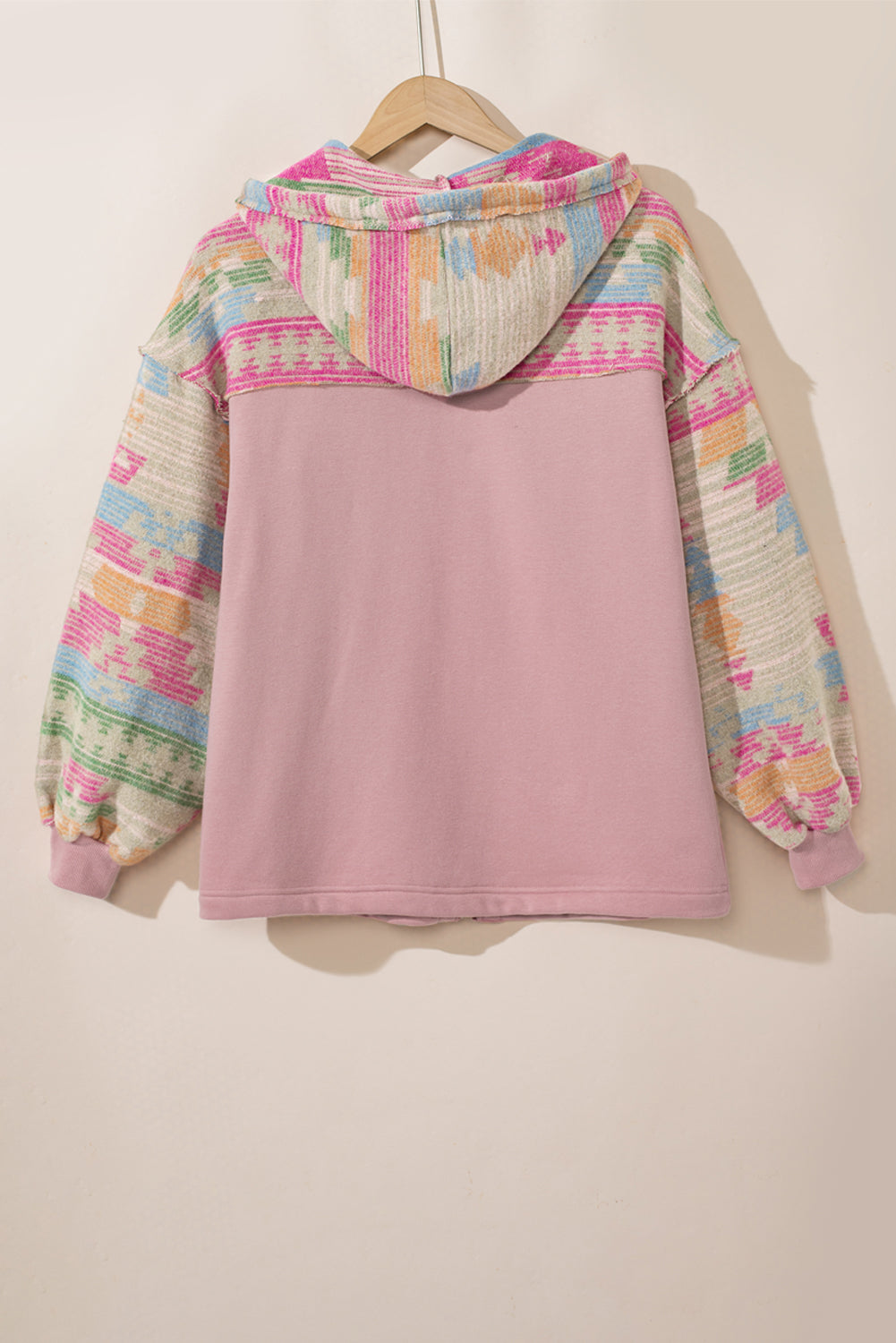 Light Pink Geometric Patchwork Hooded Zip Up Jacket