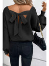 Coffee Lantern Sleeve V Neck Knot Back Sweater