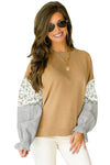 Camel Floral Striped Patchwork Ruffled Sleeve Crew Neck Sweatshirt