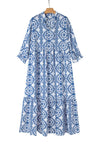 Sky Blue Geometric Print Notch Neck Plus Size Maxi Dress