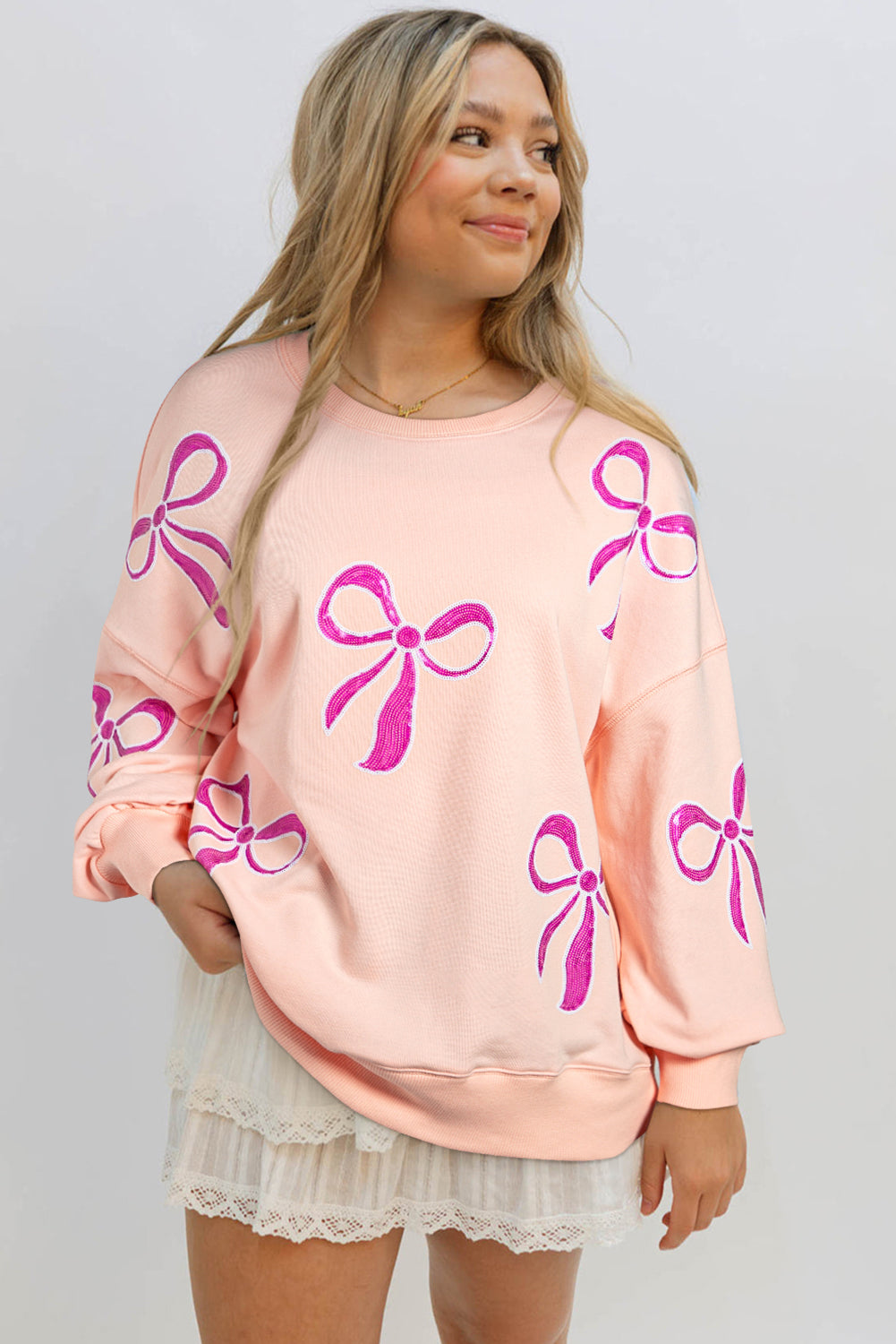 Apricot Pink Sequin Bow Drop Shoulder Oversized Sweatshirt