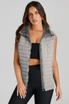 Silvery Plush Collared Quilted Zipped Puffer Vest