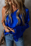 Blouses Dark Blue Asymmetric One Shoulder Bell Sleeve Satin Blouse.