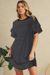 Green Stripe Ruffle Short Sleeve T Shirt Mini Dress