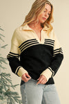 Black Colorblock Stripe Collared V Neck Sweater