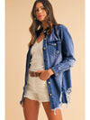 Sky Blue Light Wash Distressed Frayed Long Denim Jacket