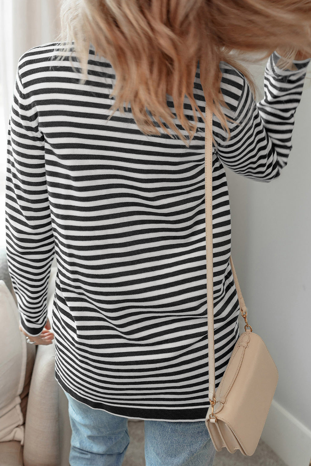 Black Striped Pocketed Button Long Cardigan