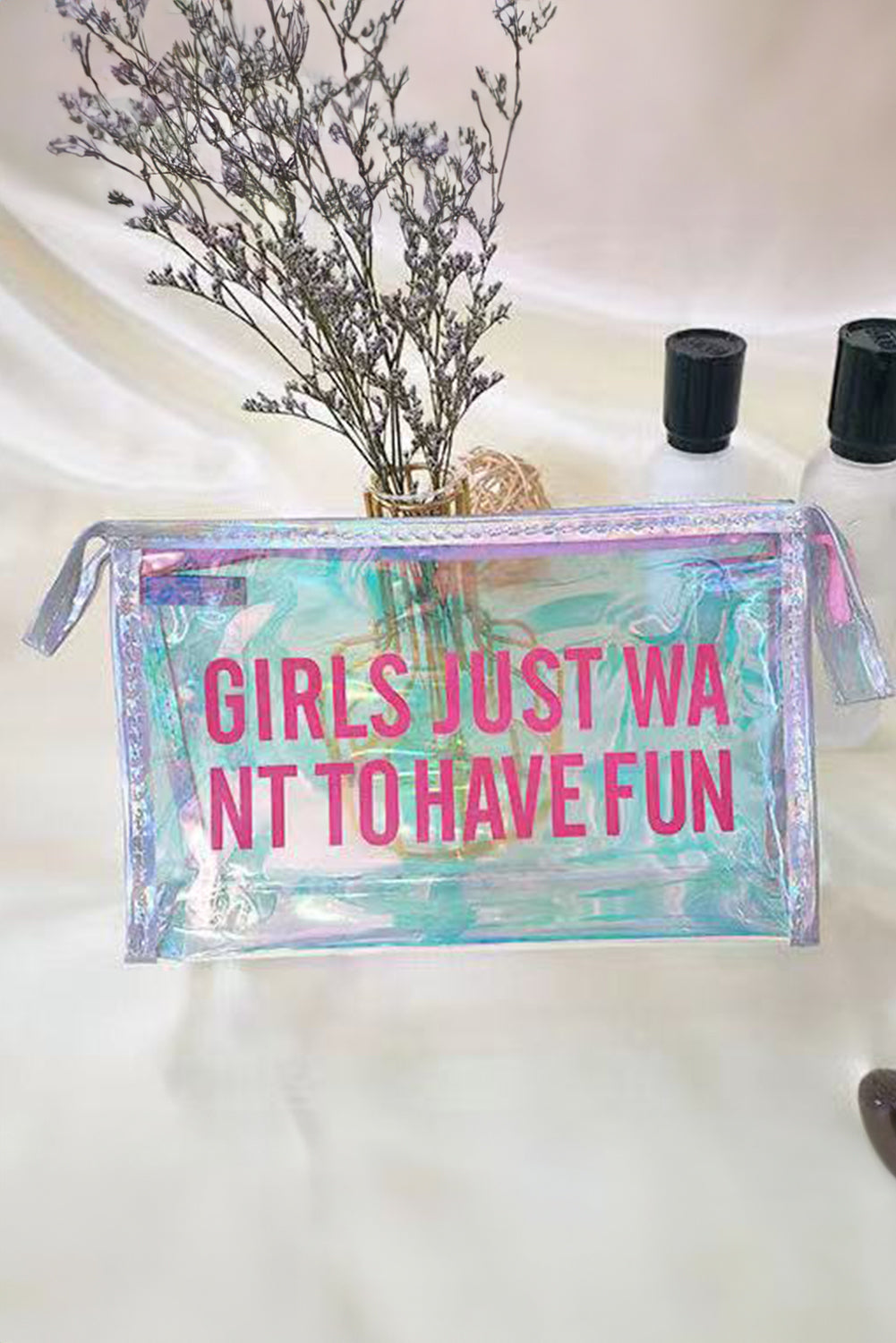 White GIRLS JUST WANT TO HAVE FUN Print Clear Clutch