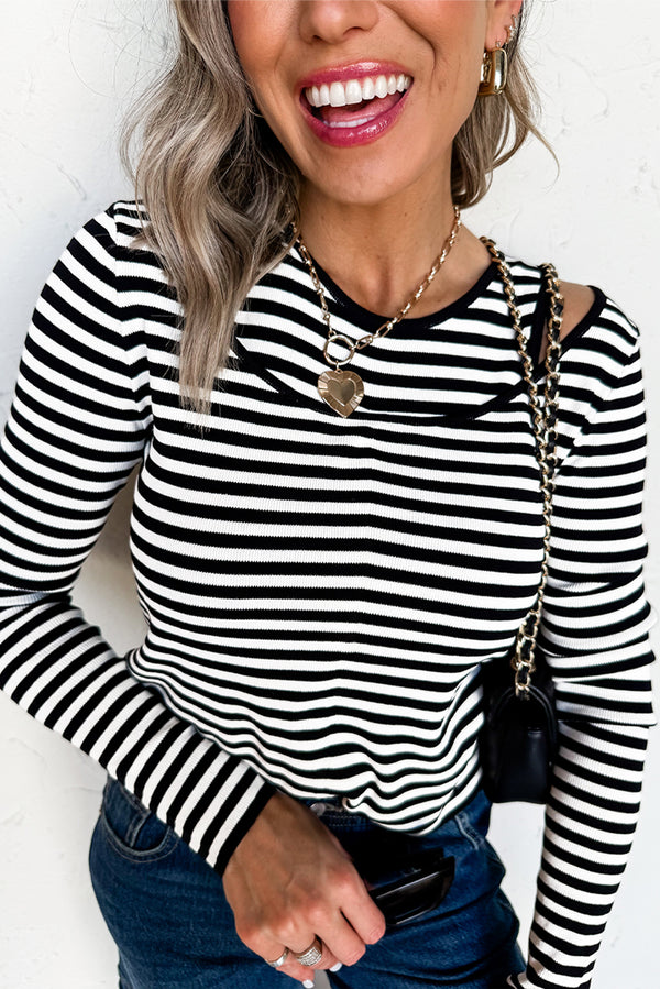 Black Striped Cutout Long Sleeve Top