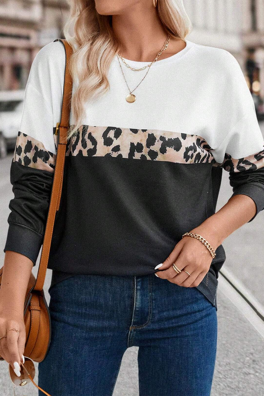 Black Leopard Colorblock Round Neck Long Sleeve Top