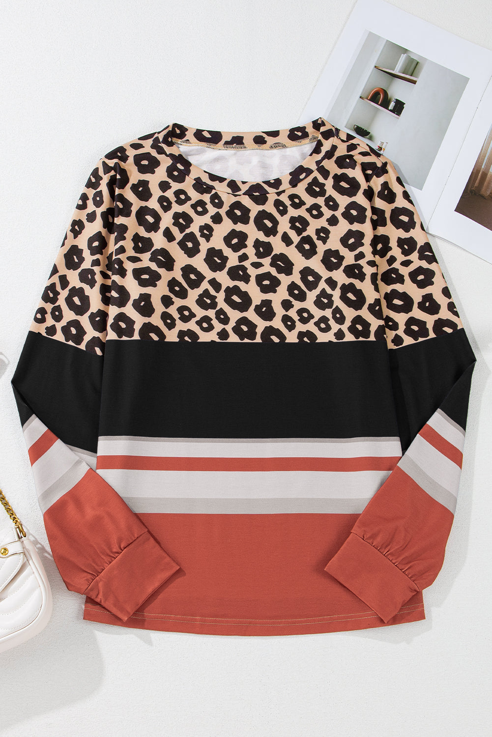 Brown Leopard Striped Color Block Long Sleeve Top