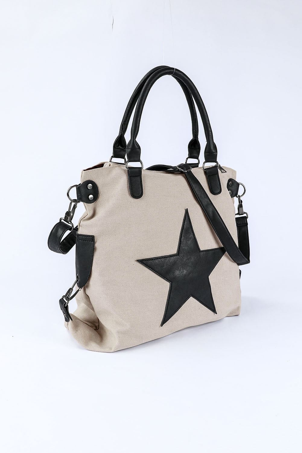 Beige Casual Star Patched Canvas Tote Bag