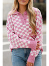 Apricot Checkered Buttons Collar V Neck Drop Shoulder Sweater