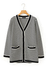 Black Striped Pocketed Button Long Cardigan