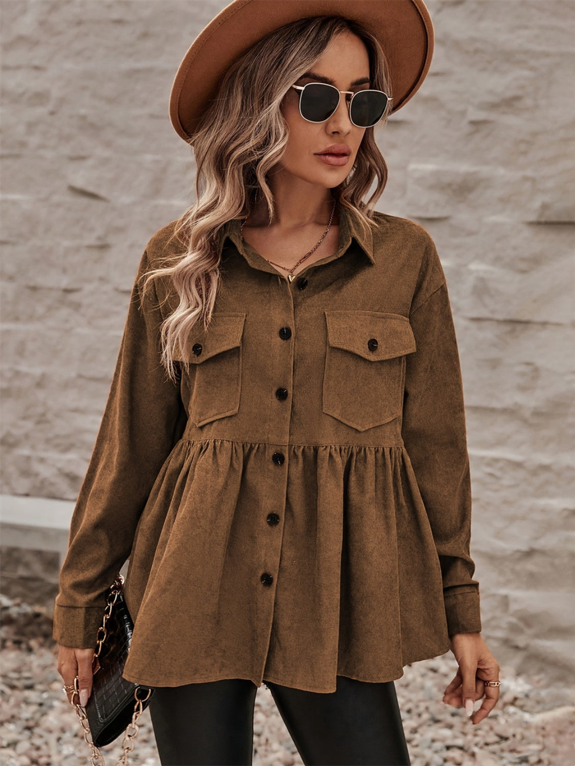 Peplum Collared Neck Long Sleeve Shacket