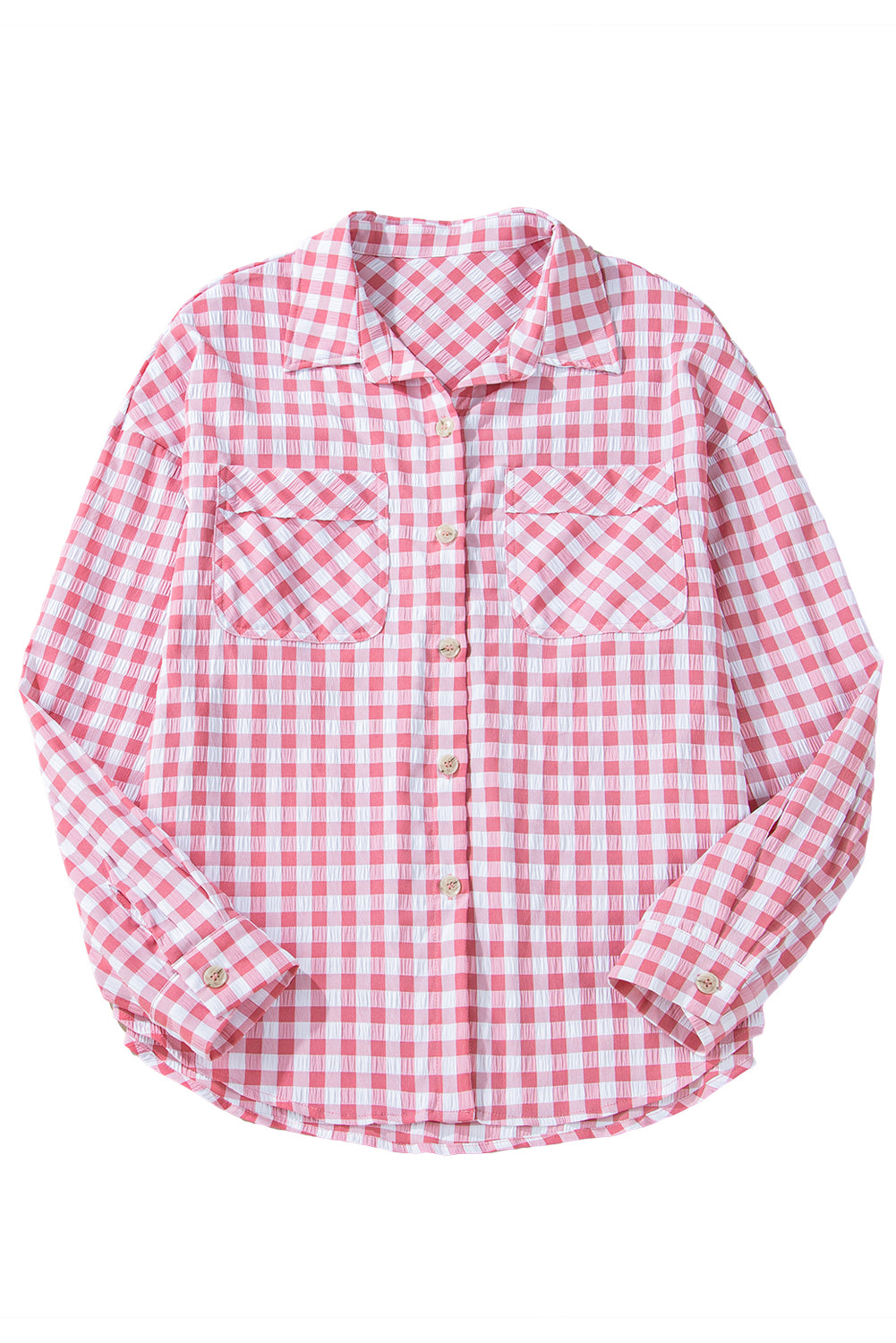 Pink Gingham Print Chest Pockets Buttoned Shirt