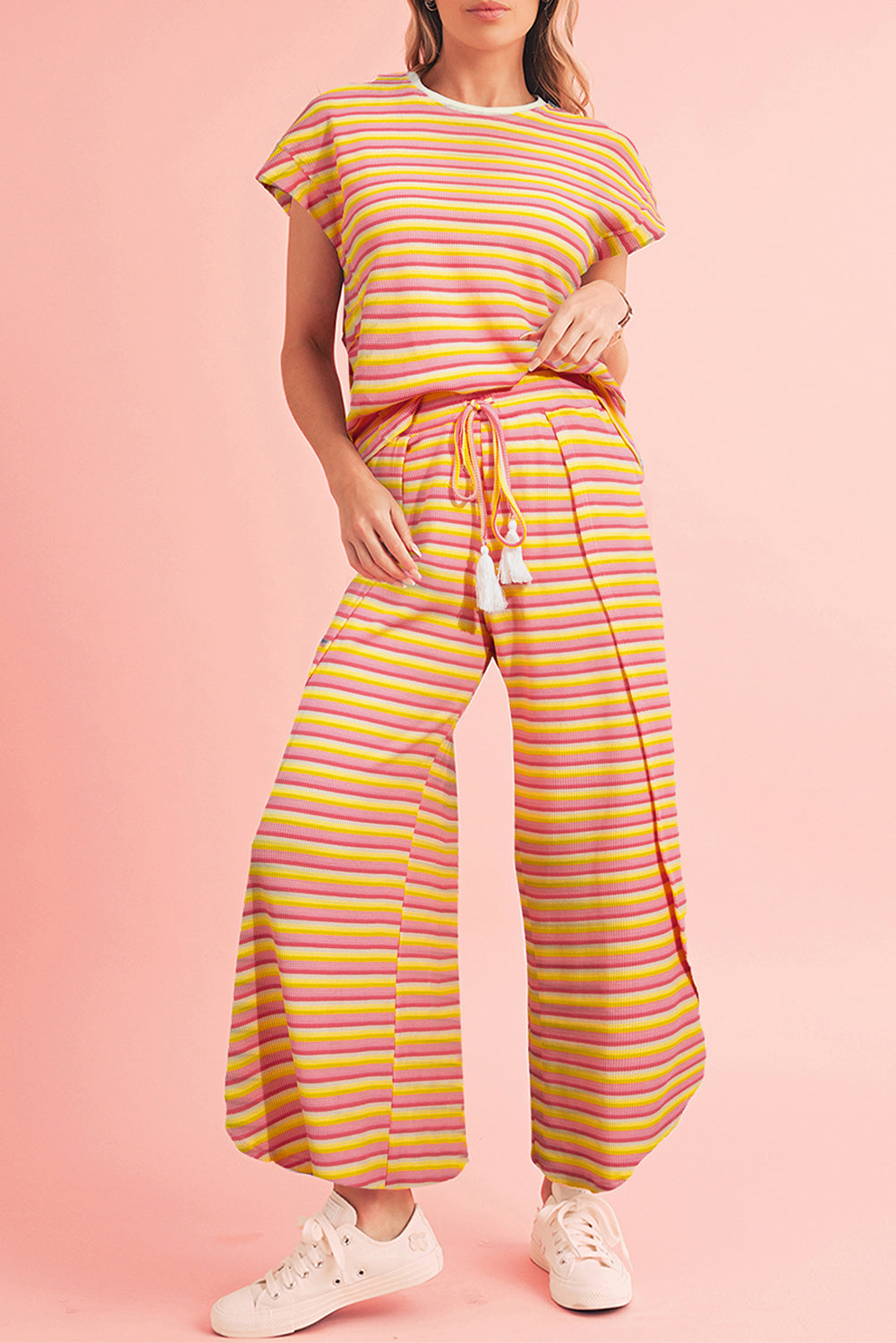 Pink Stripe Rainbow Tee and Tassel Drawstring Wide Leg Pants Set