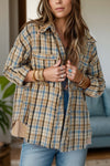 Drawstring Plaid Button Up Hooded Shacket - Cocoa Yacht Club