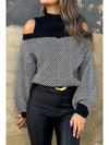 Black Stripe Half High Neck Cold Shoulder Knit Sweater