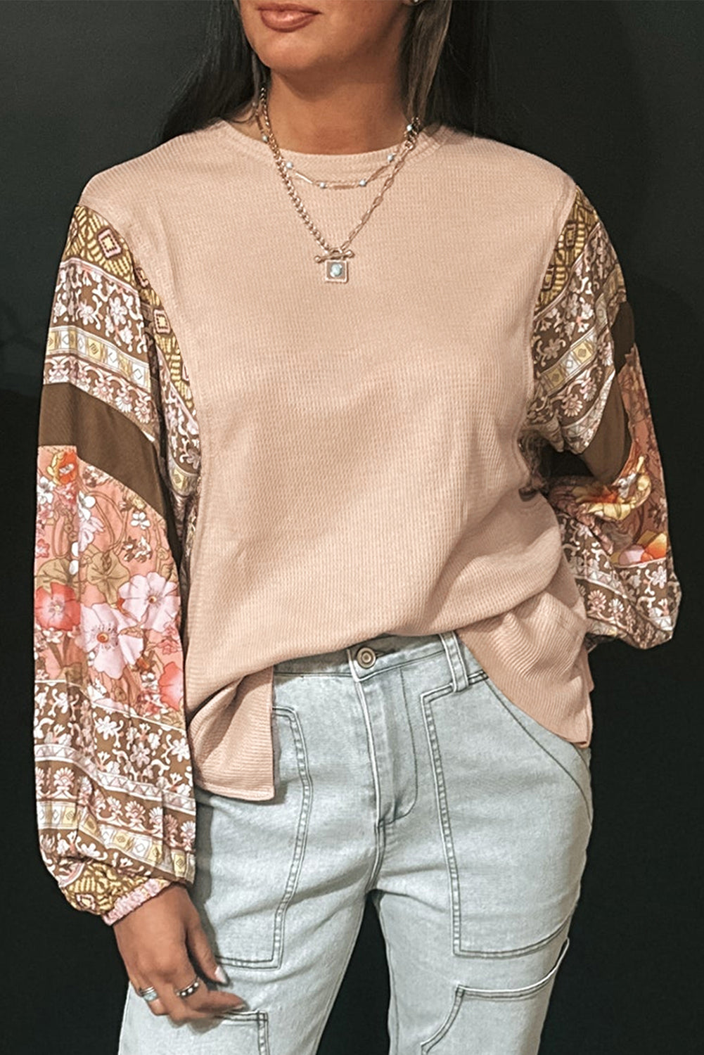 Parchment Floral Patchwork Puff Sleeve Waffle Knit Top