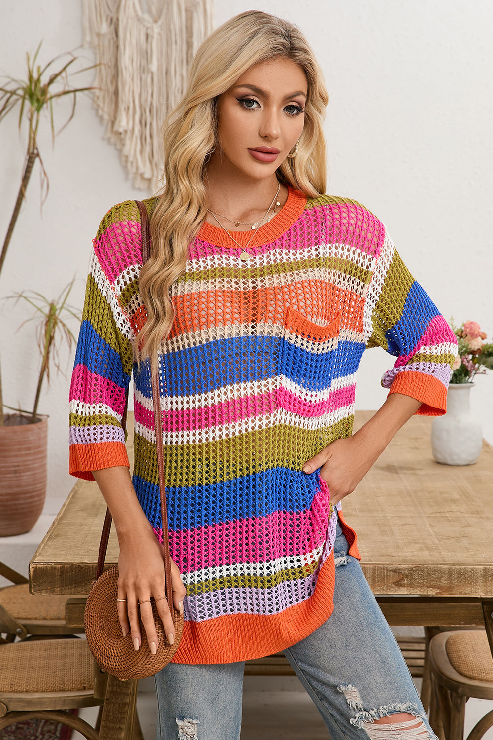 Pink Striped Color Block Hollow Crochet 3/4 Sleeve T Shirt