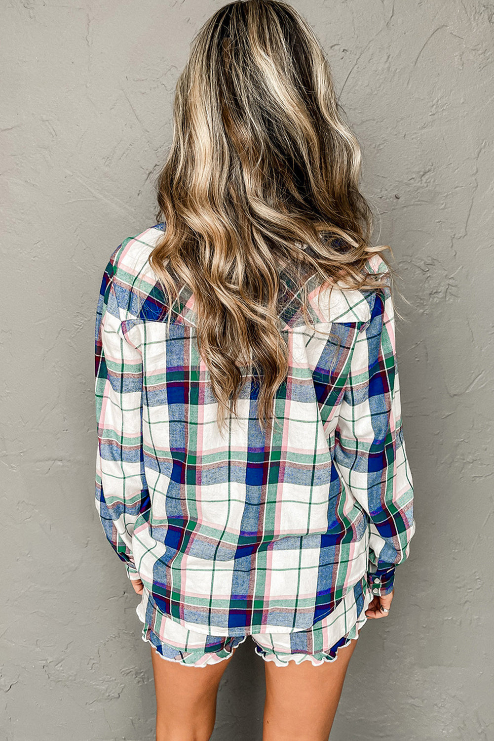 Blue Plaid Print Shirt and Frill Trim Shorts Pajama Set