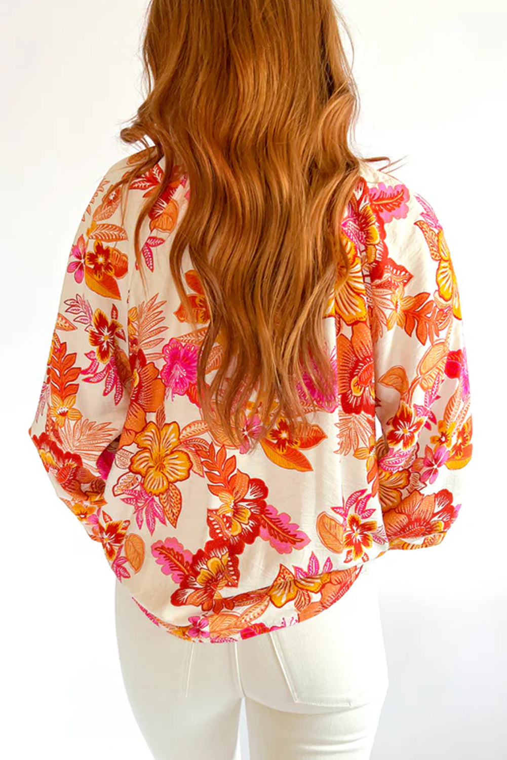 Orange Boho Floral Lantern Sleeve Blouse