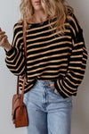 Black Stripe Drop Shoulder Round Neck Loose Sweater