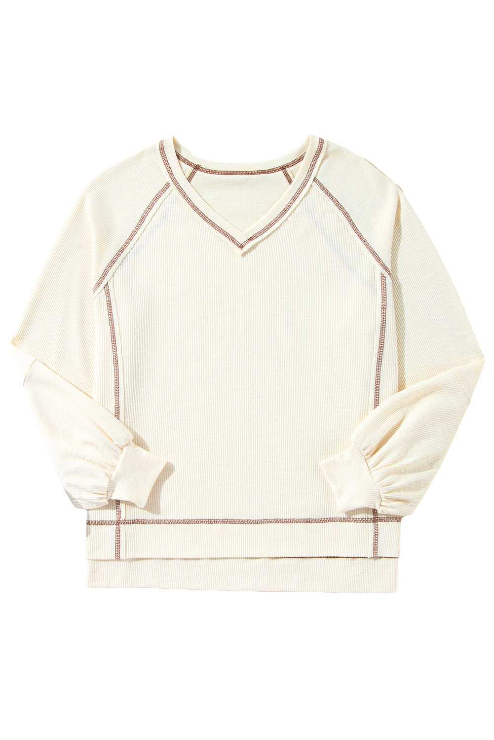 Beige Exposed Seam Crinkle Rib V Neck Pullover Top