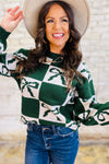 Blackish Green Bow Print Checkered Knit Sweater