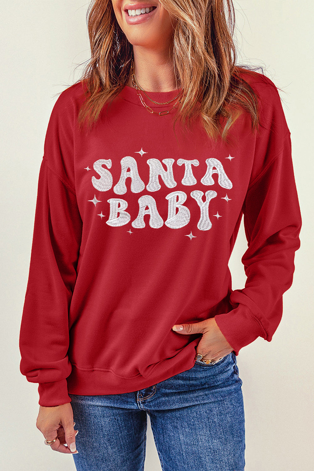 Red SANTA BABY Embroidered Crewneck Christmas Sweatshirt