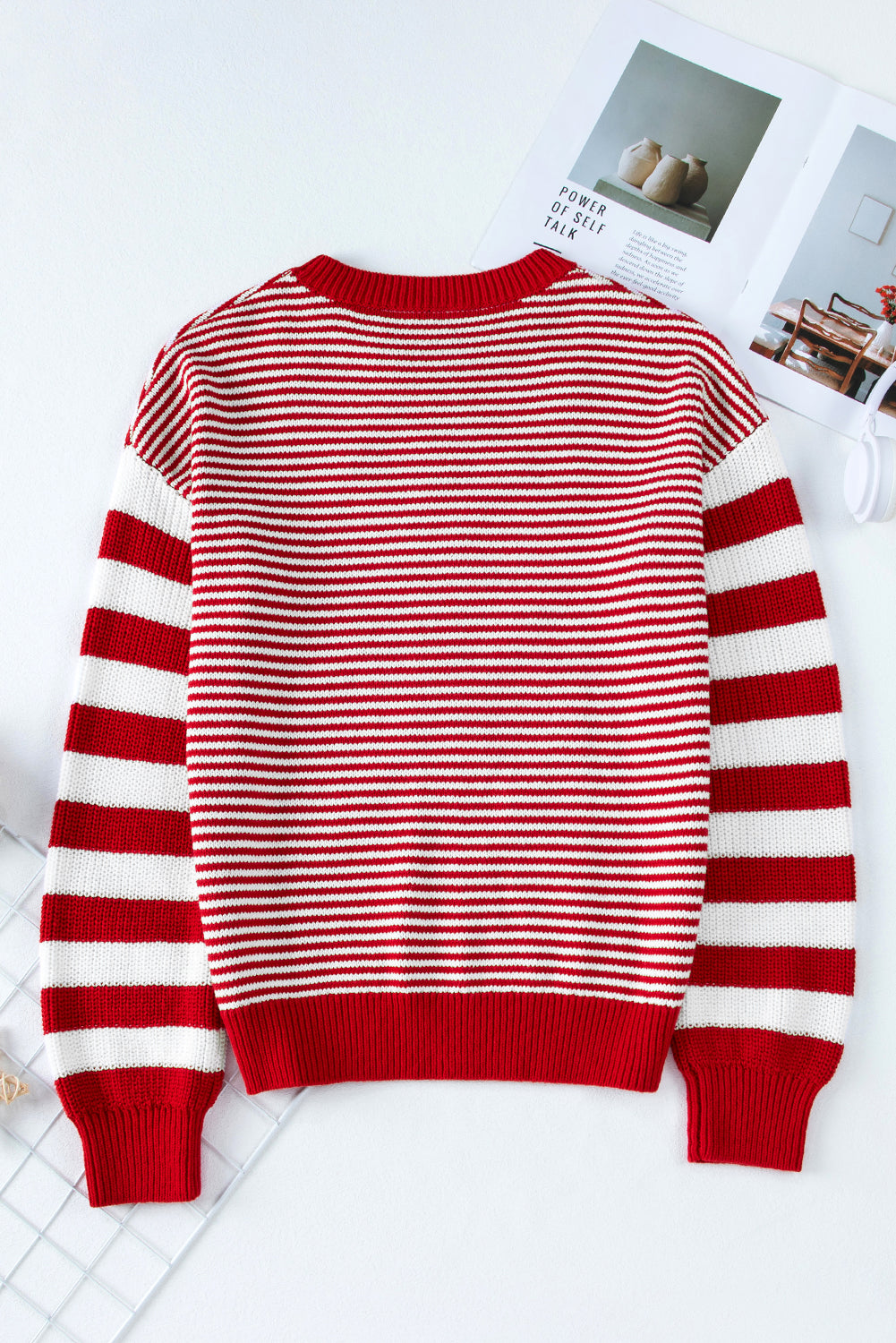 Red Stripe Twisted Knitted Drop Shoulder Sweater