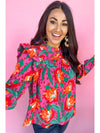 Rose Floral Print Pleated Ruffled O Neck Plus Size Blouse