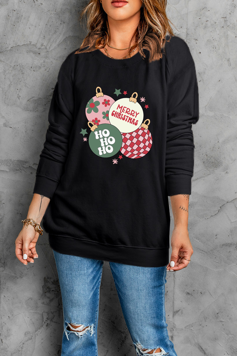 Black MERRY CHRISTMAS Graphic Round Neck Sweatshirt