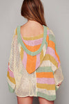 Beige Pointelle Knit Colorblock Patchwork Plus Hooded Sweater