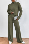 Jungle Green Ribbed Mock Neck Loose Top and Pants Loungewear Set