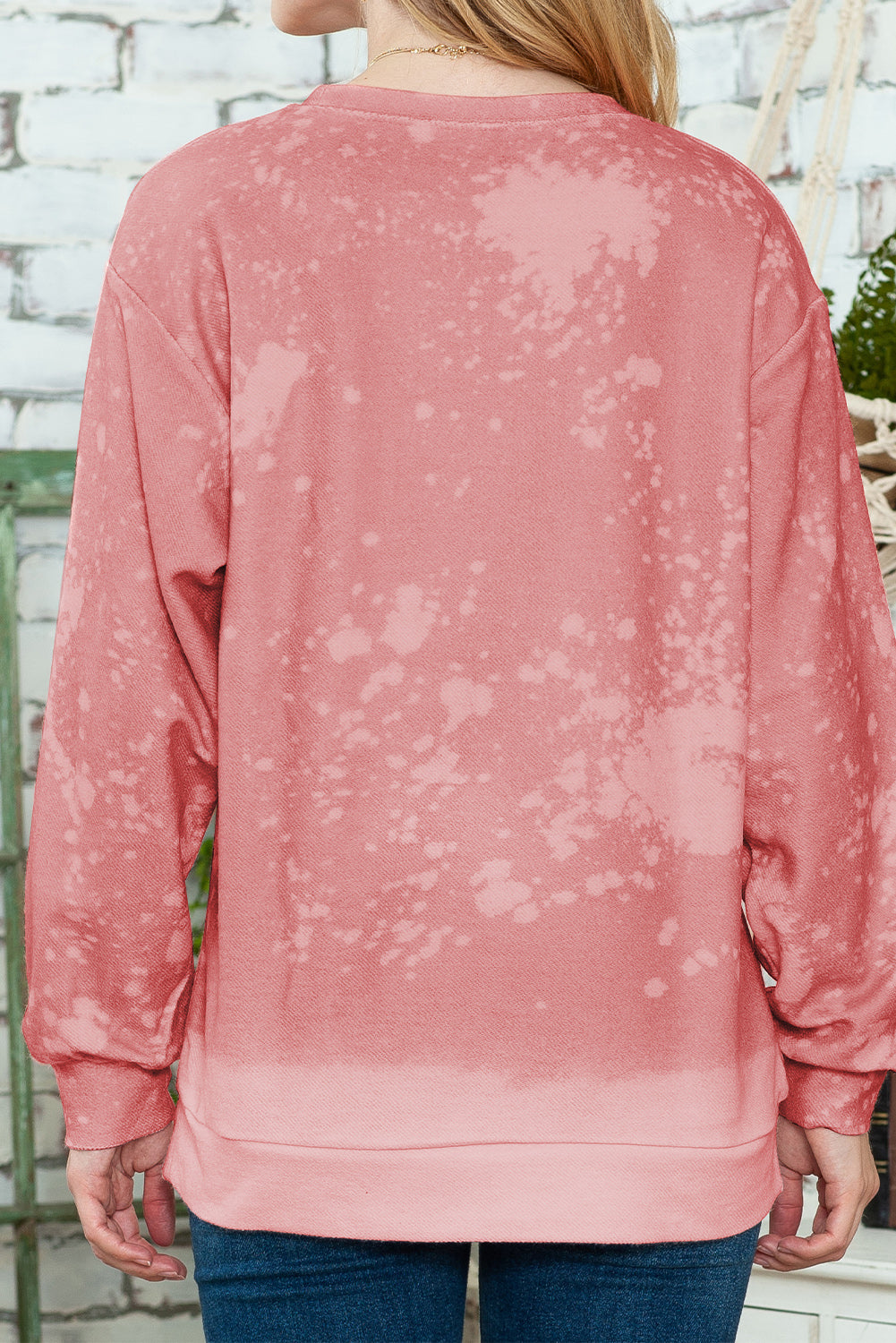 Pink Bleached Round Neck Pullover Sweatshirt