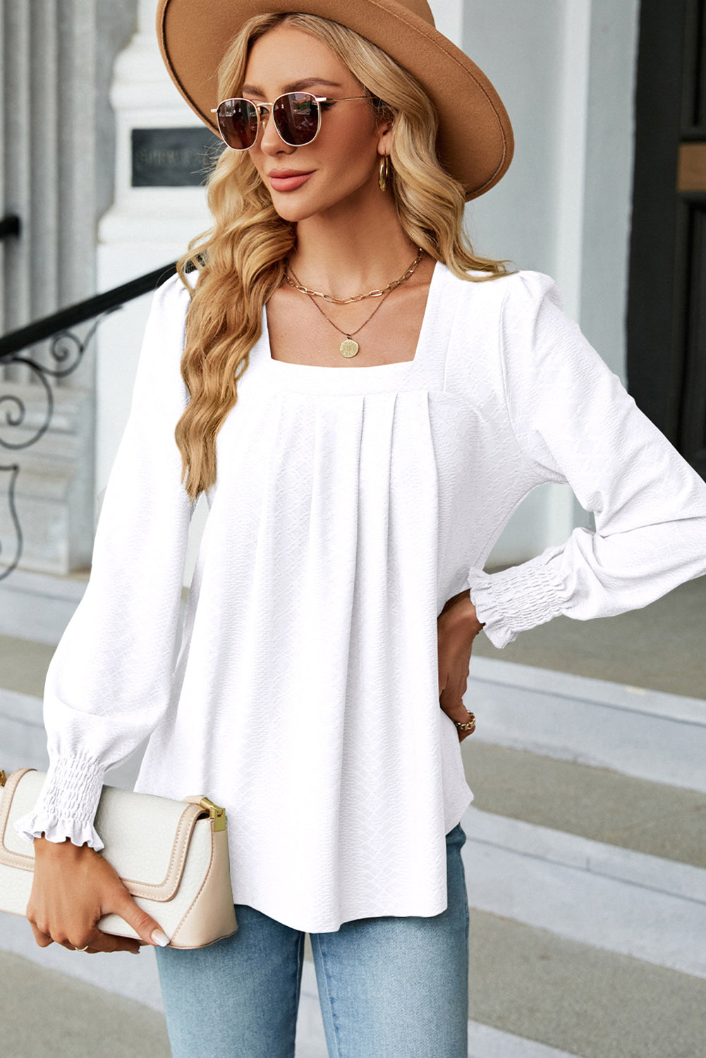 Blouses White Solid Color Textured Pleated Blouse.