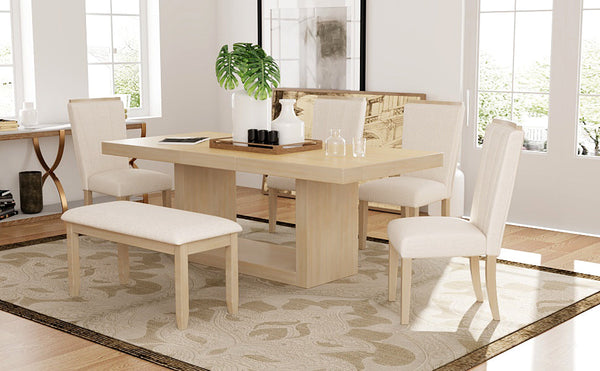 TOPMAX Contemporary 6-Piece 78inch Extendable Pedestal Dining Table Set with 18inch Removable Leaf and Dining Bench, 4 Upholstered Dining Chairs, Natural