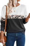 Black Leopard Colorblock Round Neck Long Sleeve Top