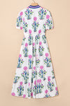 White Floral Ruffle Hem Pop of Color Neckline Dress