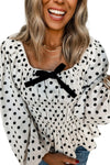 Black Polka Dot Bow Square Neck Ruched Peplum Blouse