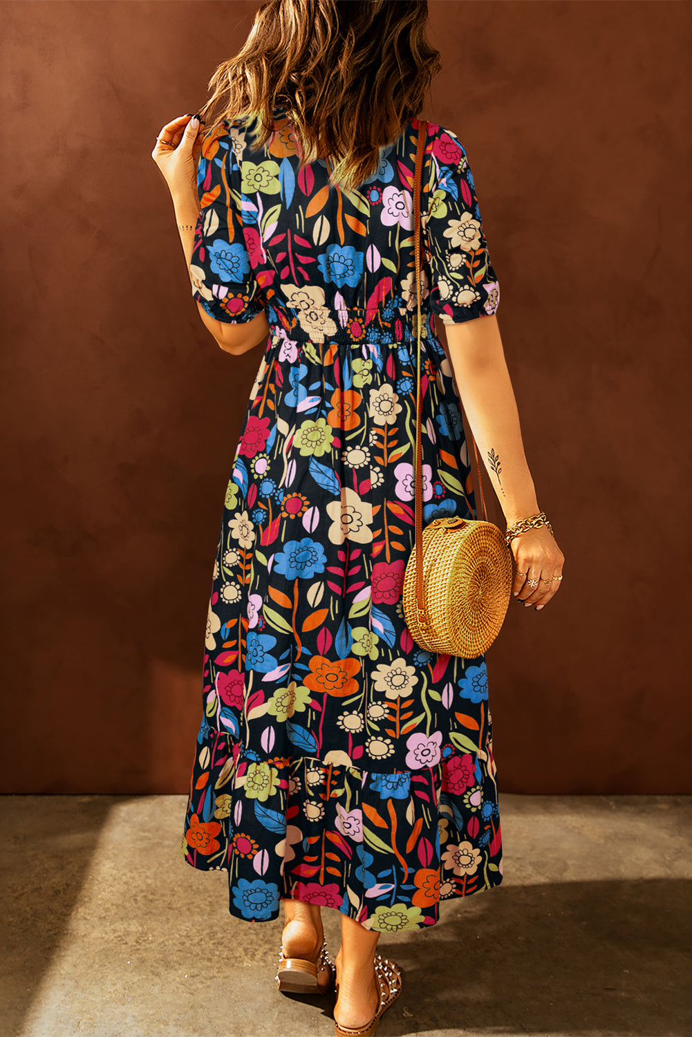 Green Floral Print Split V Neck Puff Sleeve Maxi Dress