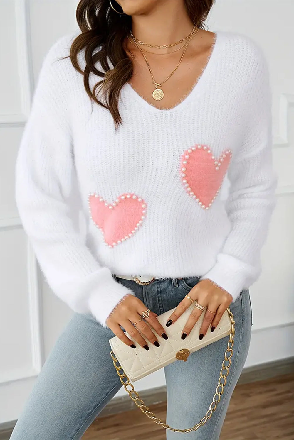 White Pearl Heart Pattern V Neck Knit Sweater