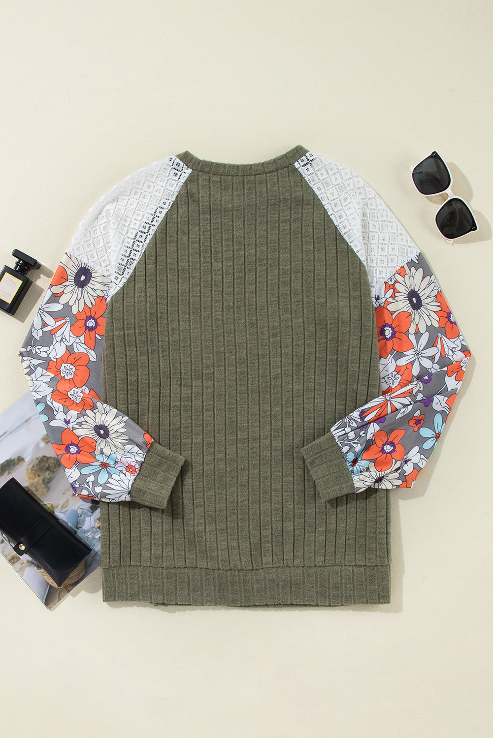 Parchment Floral Patchwork Raglan Sleeve Ribbed Blouse