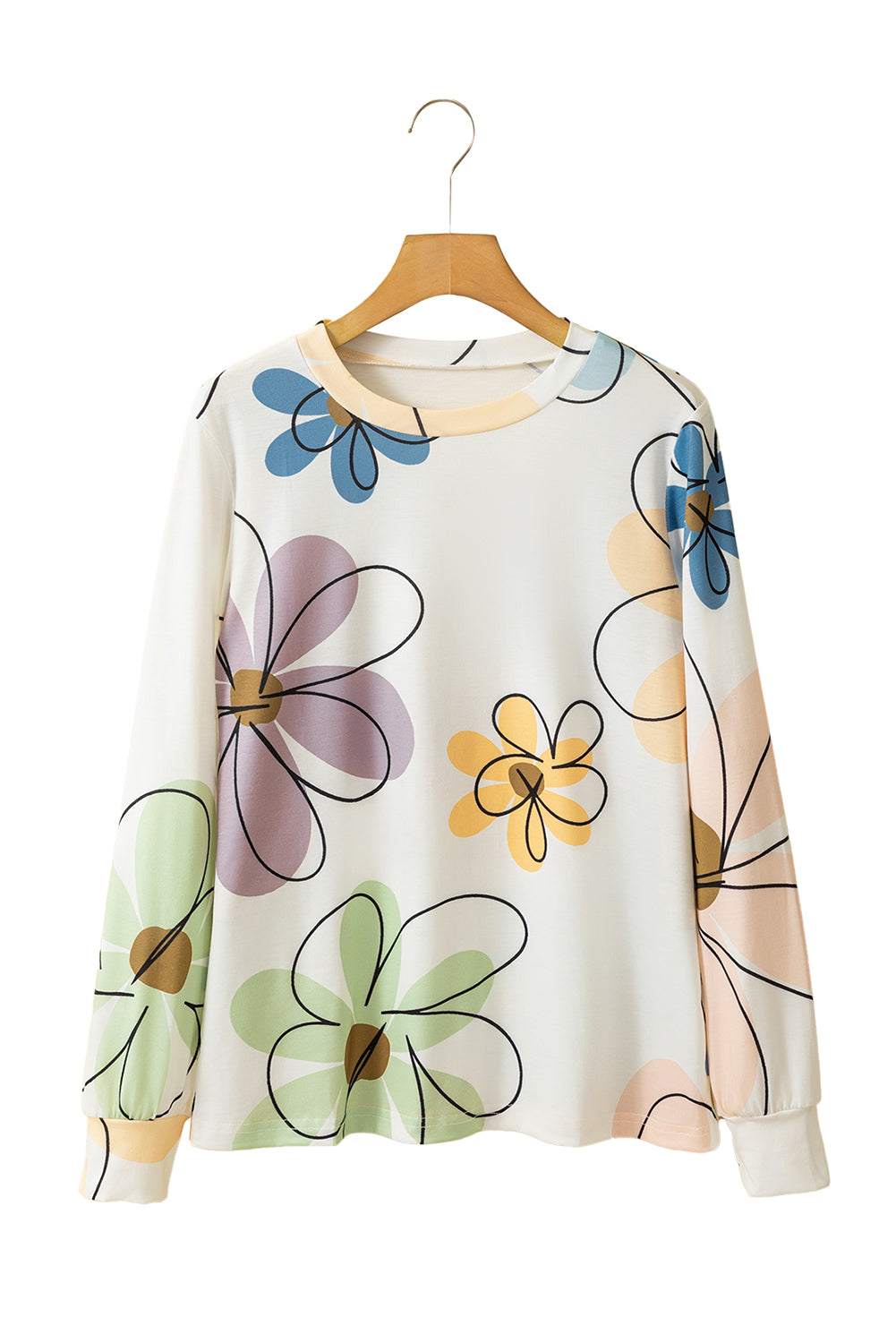 Beige Flower Print Long Sleeve T Shirt